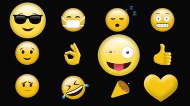 Siyah arka plana karşı farklı Emojilerin dijital animasyonu
