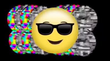 Ekranda hareketli çevrelerde renkli ve monokrom statik şekilli bir arka plan ile güneş gözlüğü emoji ile bir yüzün dijital animasyon
