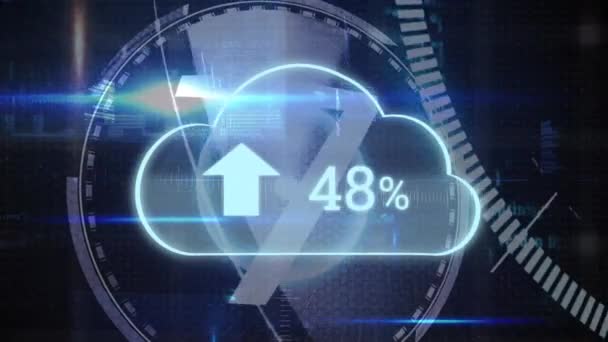 Digital Animation Upload Progress Percentage Cloud Background Futuristic Circles Countdown — Stock Video