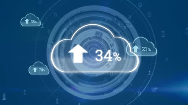 Animazione Digitale Upload Percentuale Avanzamento Nuvole Con Sfondo Cerchi Futuristici — Video Stock