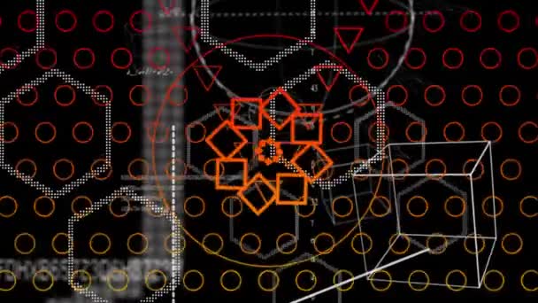 橙色矩形的数字动画在黑色背景下变成具有不同几何形状背景的三角形 — 图库视频影像