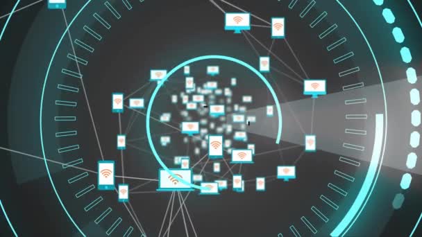 Animación Digital Dispositivos Con Logotipo Wifi Conectados Por Líneas Asimétricas — Vídeos de Stock