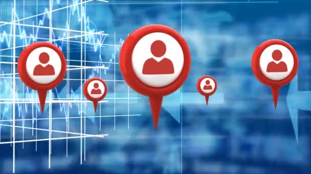 Digital Animation Profile Icons Map Pin Screen Background World Map — Stock Video