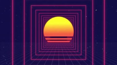 Fütüristik kareler ekranda hareket ederken ekranın ortasında bir güneşin dijital animasyon