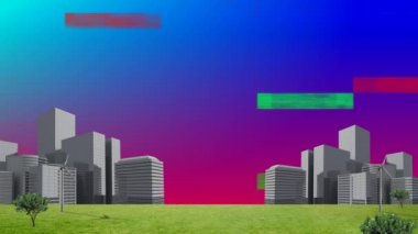 Mavi ve menekşe degrade arka planda renkli statik hareket ederken gri binalar ile bir alanın dijital animasyon