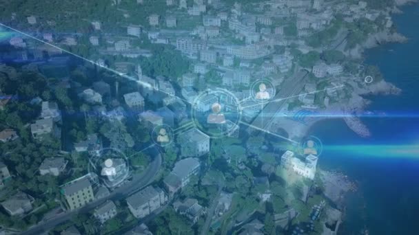 Animation numérique d'icônes de profil reliées par des lignes asymétriques avec un arrière-plan de la vue sur la ville avec des bâtiments 