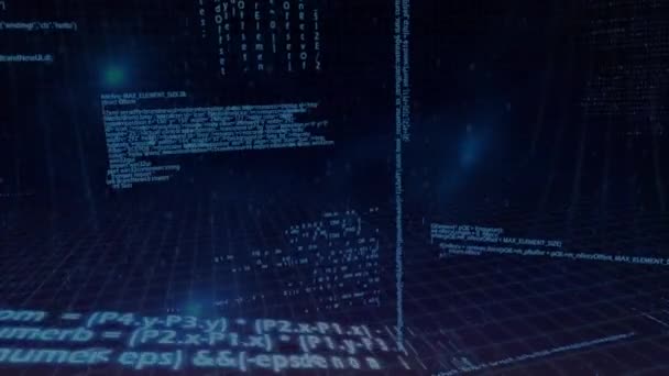 전력선 타워의 배경으로 화면에서 움직이는 프로그램 코드의 디지털 애니메이션 — 비디오