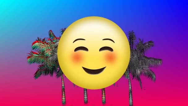 Animation numérique d'emoji rougissant avec un fond de mouvement statique coloré et monochrome en dégradé bleu et violet 