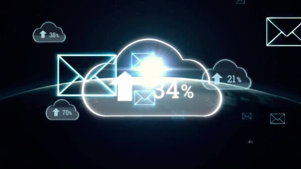 Animación Digital Del Porcentaje Progreso Carga Nubes Con Fondo Envolvente — Vídeos de Stock