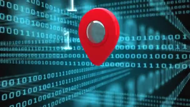 Digital Animation Red Map Pin Background Binary Codes Moving Screen — Stock Video