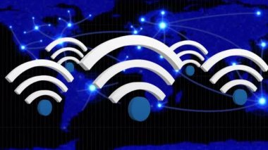Parlayan çizgilerle bağlanan dünya haritasının arka planına sahip Wifi sembollerinin dijital animasyonu