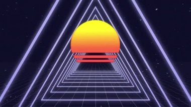 Fütüristik üçgenler yıldızlarla galaksinin arka planını yakınlaştırırken ekranın ortasında degrade renkli bir dairenin dijital animasyonu