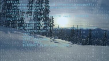 Çam ağaçları ile karlı bir dağın bir arka plan ile ekranda hareket program kodları dijital animasyon