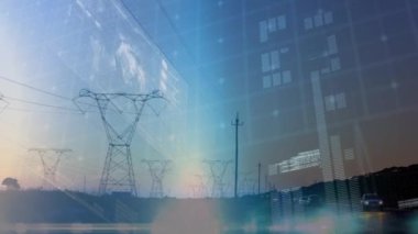 Arka plan güç hatları kule ile bir alan gösterirken bir dünya dönen ve program kodları ekranda hareketli bir dijital arayüz dijital animasyon