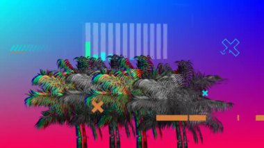 Ekranda hareket eden renkli ve tek renkli palmiye ağaçlarının dijital animasyonu ve çubuk ve çapraz sembollerle mavi ve menekşe gradyan arka planı