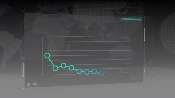 Digitale Animatie Van Wereld Kaart Met Raster Cirkels Terwijl Een — Stockvideo