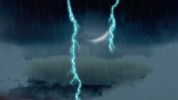 Cyfrowa Animacja Nocnego Nieba Księżycem Chmurami Podczas Deszczu Błyskawic Pojawia — Wideo stockowe