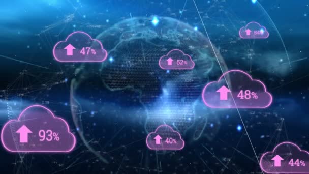 Animación Digital Del Porcentaje Progreso Subida Nubes Globo Rotando Segundo — Vídeos de Stock