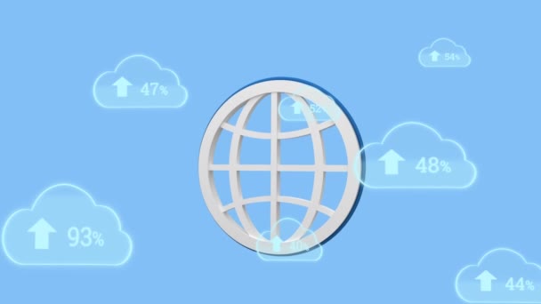在蓝色背景中以云中上传进度百分比的地球图标在屏幕上移动的数字动画 — 图库视频影像