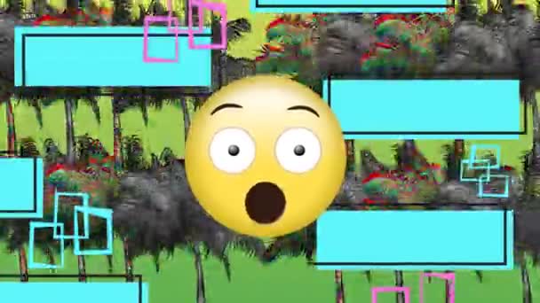 Digital Animation Förvånad Emoji Med Bakgrund Färgglada Palmer Och Blå — Stockvideo