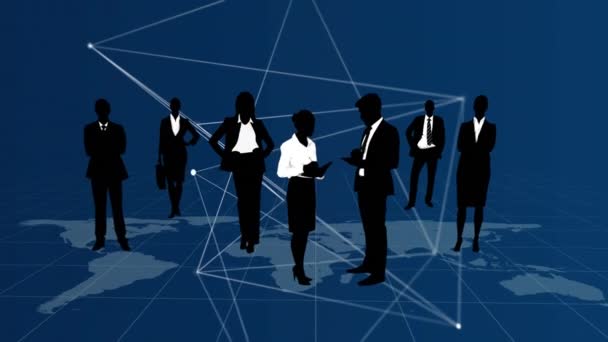 비대칭 화면에서 움직이는 세계지도에 서있는 비즈니스 사람들의 실루엣의 디지털 애니메이션 — 비디오