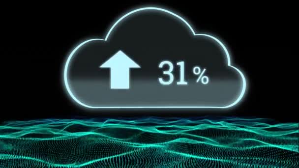 黒い背景に対する土地グラフを持つクラウド内のアップロード進捗率のデジタルアニメーション — ストック動画