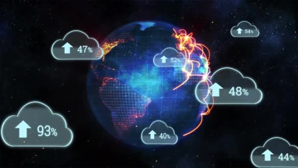 Цифровая Анимация Движения Облаков Экране Фоне Земного Шара Вращающимися Светящимися — стоковое видео