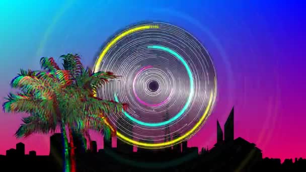 彩色棕榈树的数字动画在屏幕上移动 五颜六色的圆圈旋转和城市剪影的背景 — 图库视频影像