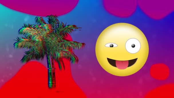 Digitální animace mrknutí na obrazovce vedle palmového stromu, pohybujících se v plátně a barevné tekutiny v popředí