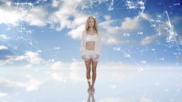 Digital Composite Woman Meditating Sky Connected Network Lines Dots Foreground — Stock Video