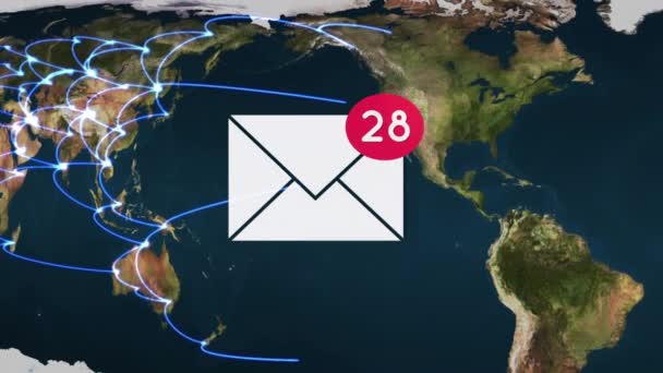 Animação Digital Ícone Mail Com Contagem Crescente Contexto Mapa Mundo — Vídeo de Stock