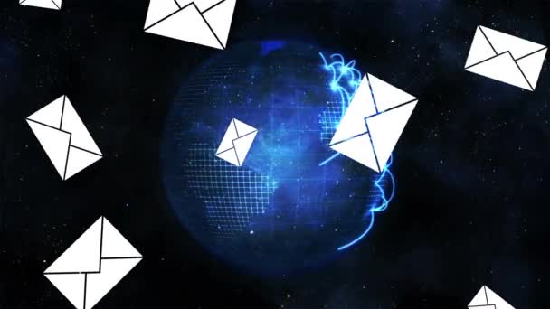 Digitale Animation Eines Rotierenden Globus Mit Glühenden Netzwerklinien Und Mail — Stockvideo