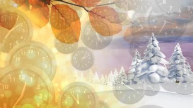 Kış ve sonbahar mevsimlerinin dijital bileşimi, ekranın yarısını analog saatlerle dolu ön planda tutan her biri