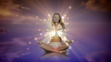 Bir gökyüzü arka plan ve bokeh ışıkları ile meditasyon beyaz bir kadının dijital animasyon