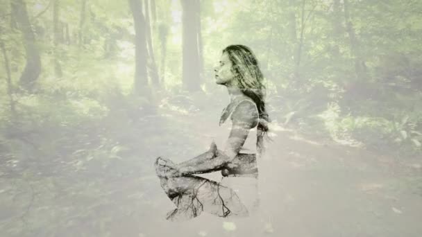 Digital Composite Caucasian Woman Meditating Forest Background — Stock Video