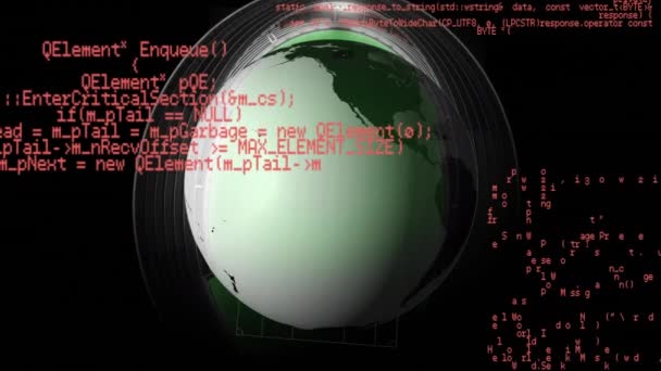 Animation numérique d'un globe tournant entrant dans un stade avec du code au premier plan 