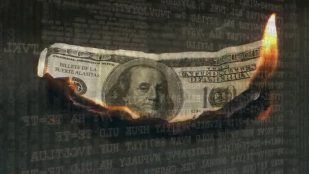 Digital Composite Burning Dollar Bill Computer Codes Background — Stock Video