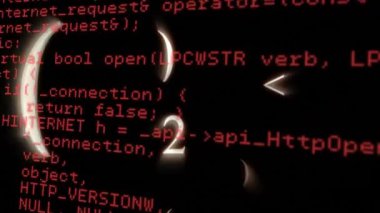 Dijital animasyon program kodları ve sayılar siyah bir arka plana karşı ekranda hareket