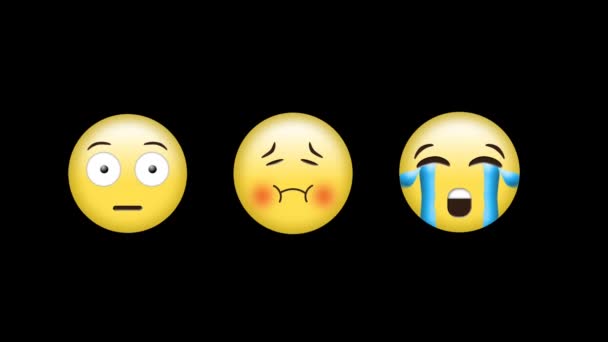 Animation numérique d'un emoji surpris, sur le point de vomir des emoji, et d'un emoji pleurant sur fond noir 