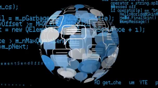消息气泡图标的数字动画排列球形旋转和程序代码的背景 — 图库视频影像