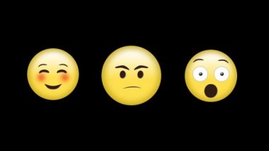 Siyah bir arka planda bir utangaç emoji, öfkeli emoji ve sürpriz emoji dijital animasyon.