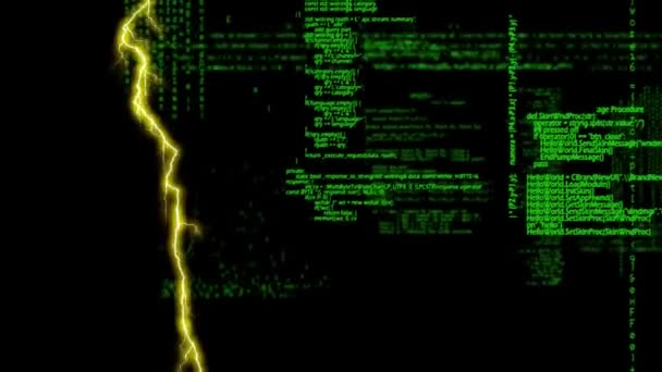 Цифрова Анімація Блискавок Програмних Кодів Рухаються Екрані Чорному Тлі — стокове відео