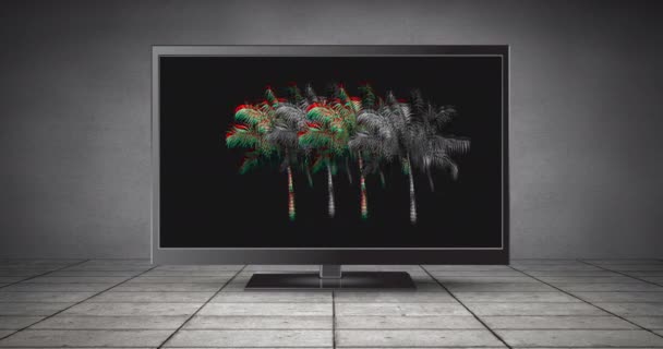 Цифровая Анимация Красочной Монохромной Статической Формы Пальмах Движущейся Дисплее Размещенном — стоковое видео