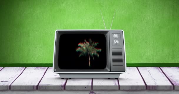 갑판과 4K에 오래된 텔레비전의 화면에 움직이는 야자수의 디지털 애니메이션 — 비디오