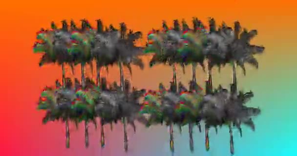 Animation numérique de palmiers colorés et monochromes se déplaçant à l'écran avec fond dégradé orange et bleu 4k 