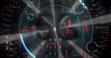 Dijital devre 4k bir arka planda 5g etrafında hareket fütüristik çevrelerin dijital animasyon