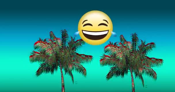 Digital Animation Crying Laughing Emoji Two Colorful Palm Trees Moving — Stock Video