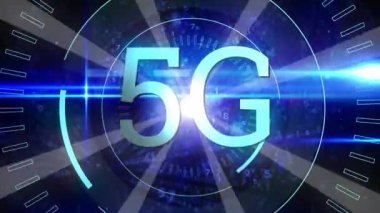 Parlak ışık arka plan ile 5g etrafında hareketli futuristik çevrelerin dijital animasyon