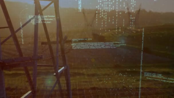 Цифровая Анимация Программных Кодов Движущихся Экрану Фоне Поля Травами Металлическими — стоковое видео