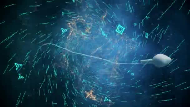 기호와 빛나는 조명의 배경으로 세포의 디지털 애니메이션 — 비디오